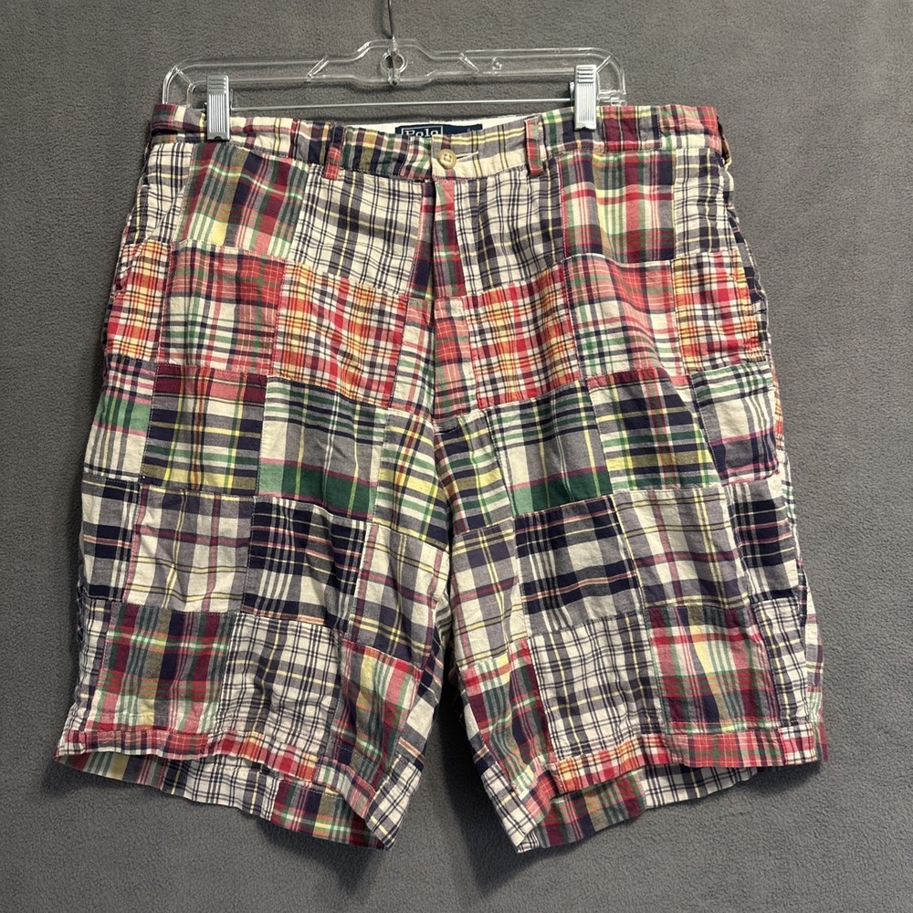 VTG Y2K Polo Ralph Lauren Indian Madras Patchwork Plaid Shorts Mens 36 Preppy 9"